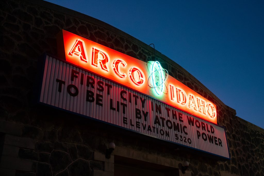 The neon sign of Arco, Idaho, reading "First city in the world to be lit by atomic power. Elevation 5320."