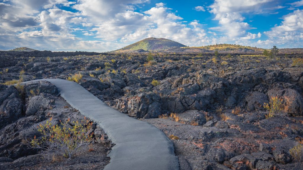 Lava fields and volcanic rock formations at Craters of the Moon National Monument.