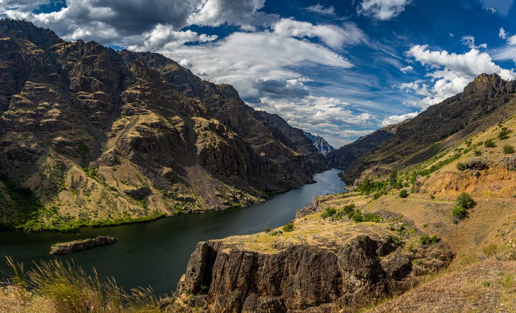The Hells Canyon river gorge featuring steep cliffs and the Snake River.
